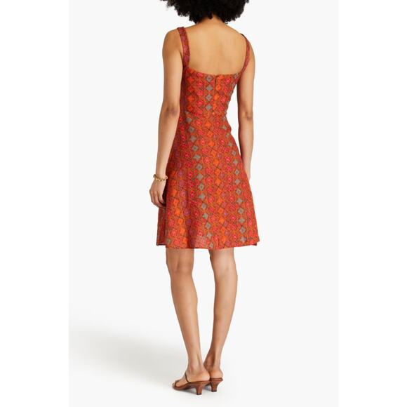 SALONI Rachel Printed Sleeveless Linen Mini Dress Rainbow Trellis Orange Pink 2 - Picture 2 of 9